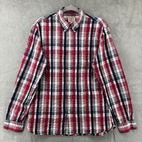 Brooks Brothers Red Fleece Button Down Shirt L Red Blue White Plaid Textured - Picture 1 of 14